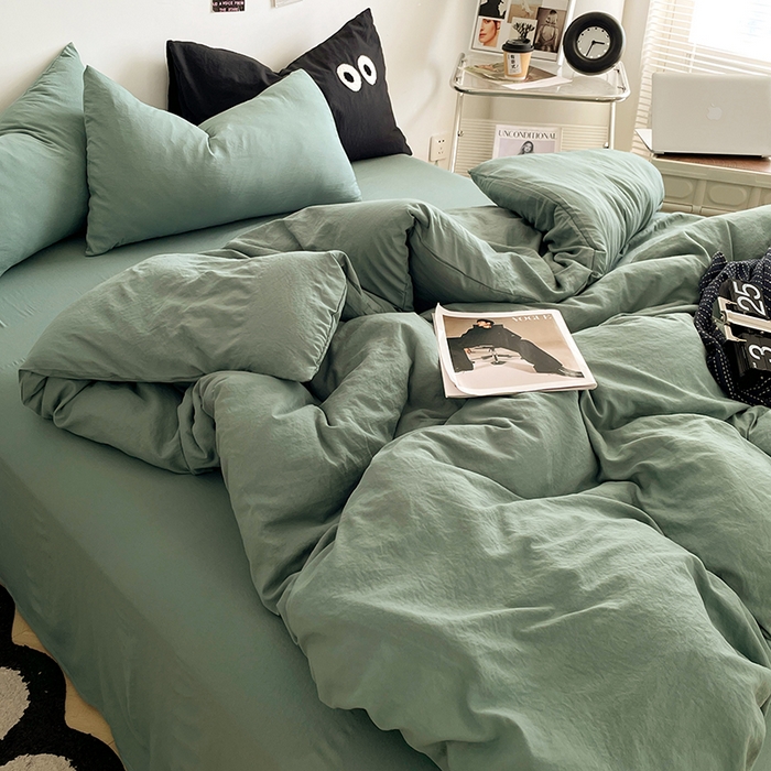 91家纺网 家纺一手货源 找家纺 优尚佳生活馆 2025新款ins风超柔褶皱亲肤磨毛水洗棉四件套纯色系列（风格一） 清新绿