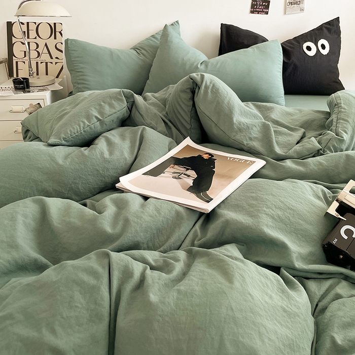 91家纺网 家纺一手货源 找家纺 优尚佳生活馆 2025新款ins风超柔褶皱亲肤磨毛水洗棉四件套纯色系列（风格一） 清新绿