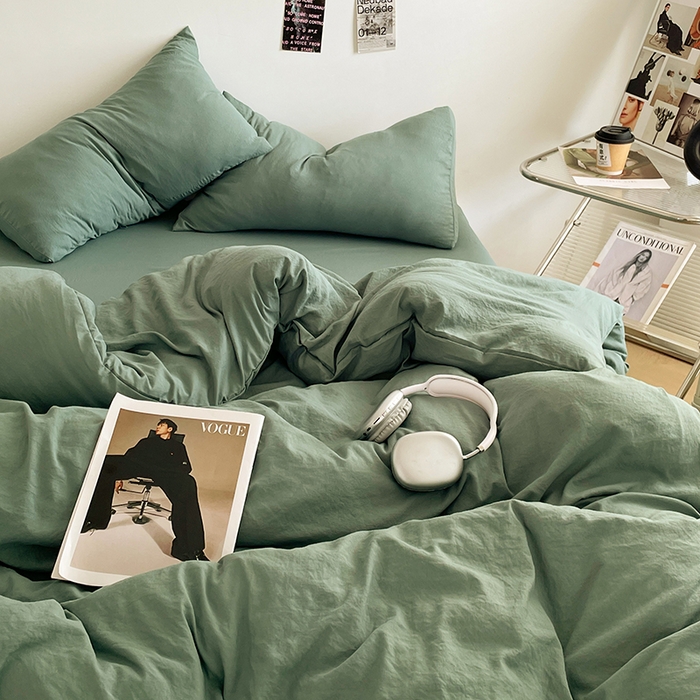 91家纺网 家纺一手货源 找家纺 优尚佳生活馆 2025新款ins风超柔褶皱亲肤磨毛水洗棉四件套纯色系列（风格一） 清新绿