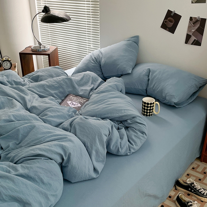 91家纺网 家纺一手货源 找家纺 优尚佳生活馆 2025新款ins风超柔褶皱亲肤磨毛水洗棉四件套纯色系列（风格二） 尼罗蓝