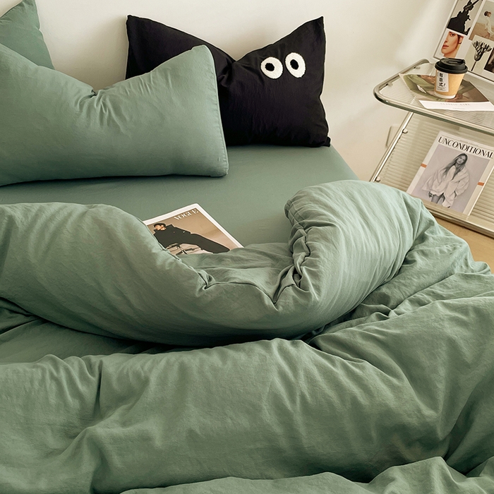 91家纺网 家纺一手货源 找家纺 优尚佳生活馆 2025新款ins风超柔褶皱亲肤磨毛水洗棉四件套纯色系列（风格一） 清新绿