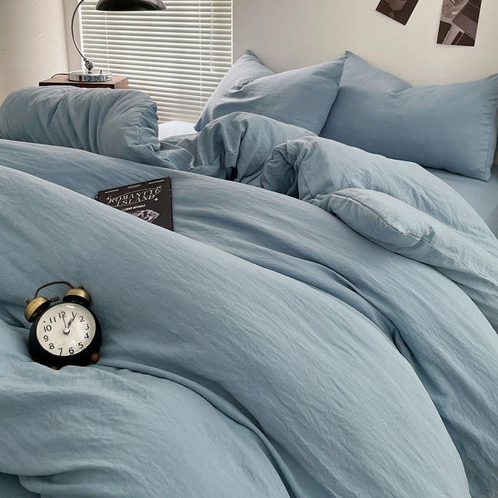 91家纺网 家纺一手货源 找家纺 优尚佳生活馆 2025新款ins风超柔褶皱亲肤磨毛水洗棉四件套纯色系列（风格二） 尼罗蓝