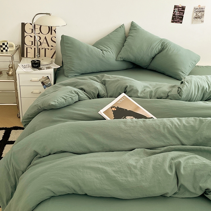 91家纺网 家纺一手货源 找家纺 优尚佳生活馆 2025新款ins风超柔褶皱亲肤磨毛水洗棉四件套纯色系列（风格一） 清新绿