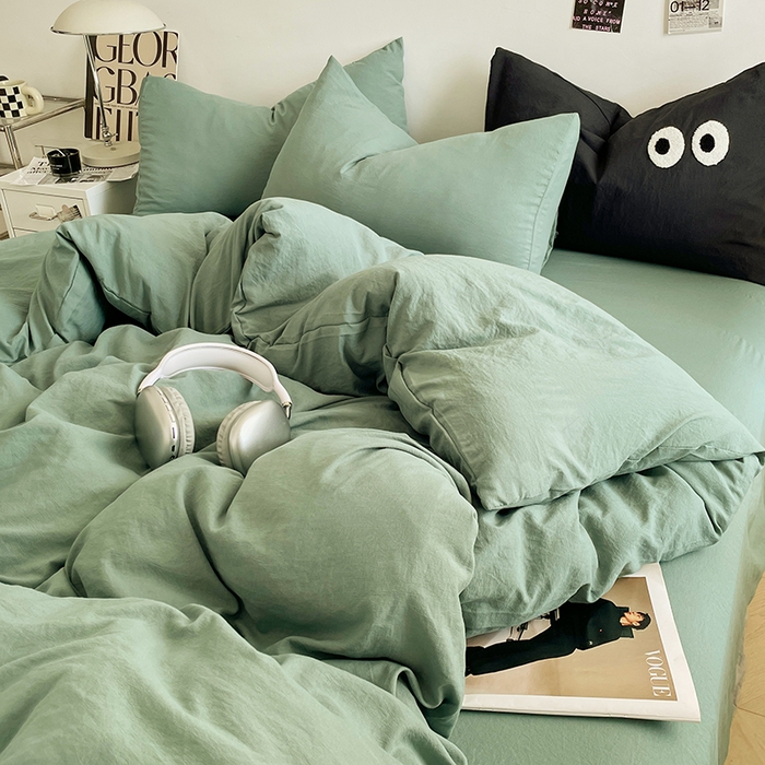 91家纺网 家纺一手货源 找家纺 优尚佳生活馆 2025新款ins风超柔褶皱亲肤磨毛水洗棉四件套纯色系列（风格一） 清新绿