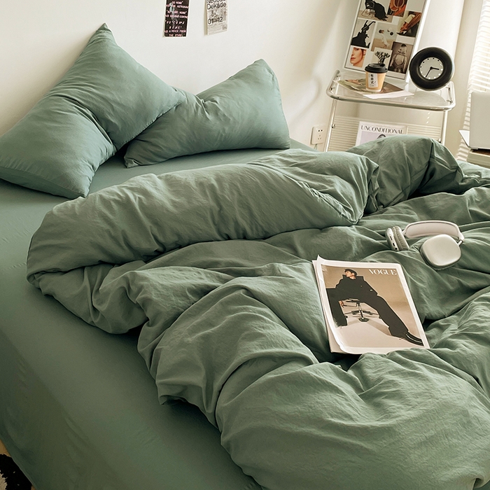 91家纺网 家纺一手货源 找家纺 优尚佳生活馆 2025新款ins风超柔褶皱亲肤磨毛水洗棉四件套纯色系列（风格一） 清新绿
