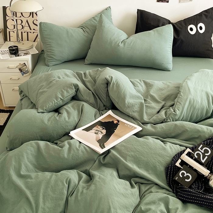 91家纺网 家纺一手货源 找家纺 优尚佳生活馆 2025新款ins风超柔褶皱亲肤磨毛水洗棉四件套纯色系列（风格一） 清新绿