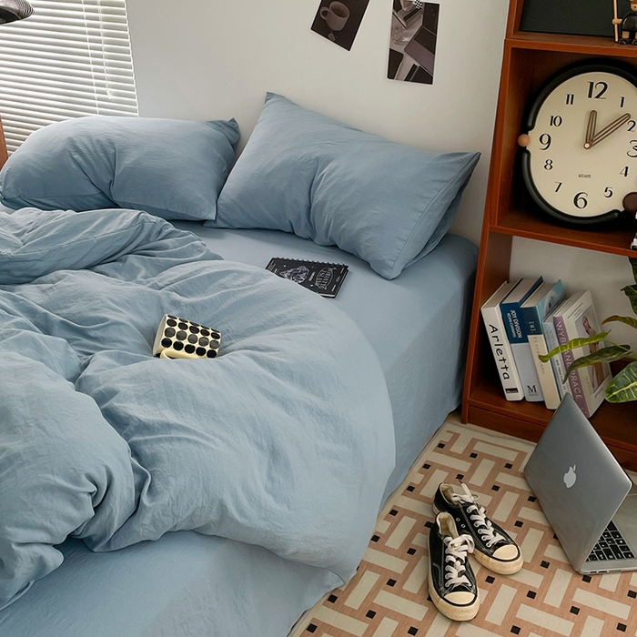 91家纺网 家纺一手货源 找家纺 优尚佳生活馆 2025新款ins风超柔褶皱亲肤磨毛水洗棉四件套纯色系列（风格二） 尼罗蓝