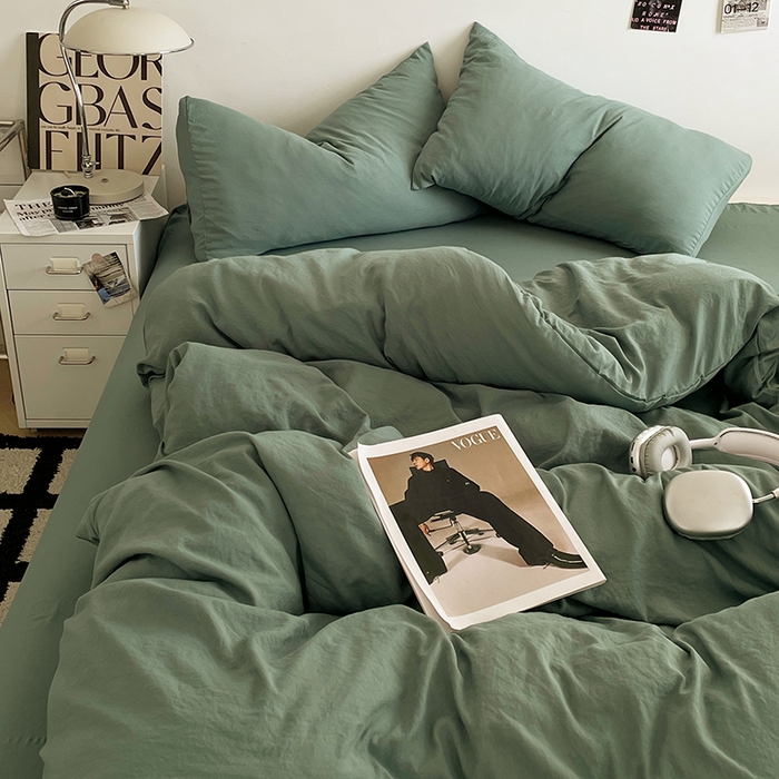 91家纺网 家纺一手货源 找家纺 优尚佳生活馆 2025新款ins风超柔褶皱亲肤磨毛水洗棉四件套纯色系列（风格一） 清新绿