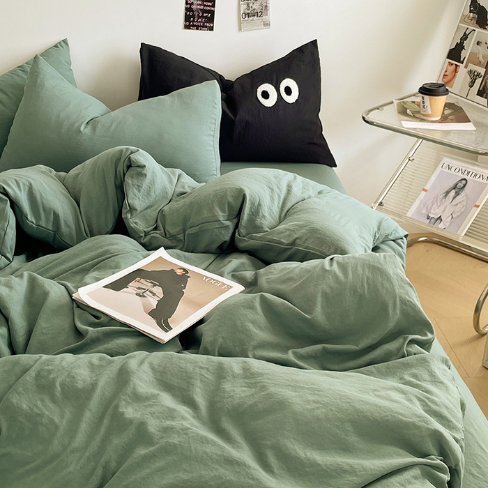 91家纺网 家纺一手货源 找家纺 优尚佳生活馆 2025新款ins风超柔褶皱亲肤磨毛水洗棉四件套纯色系列（风格一） 清新绿