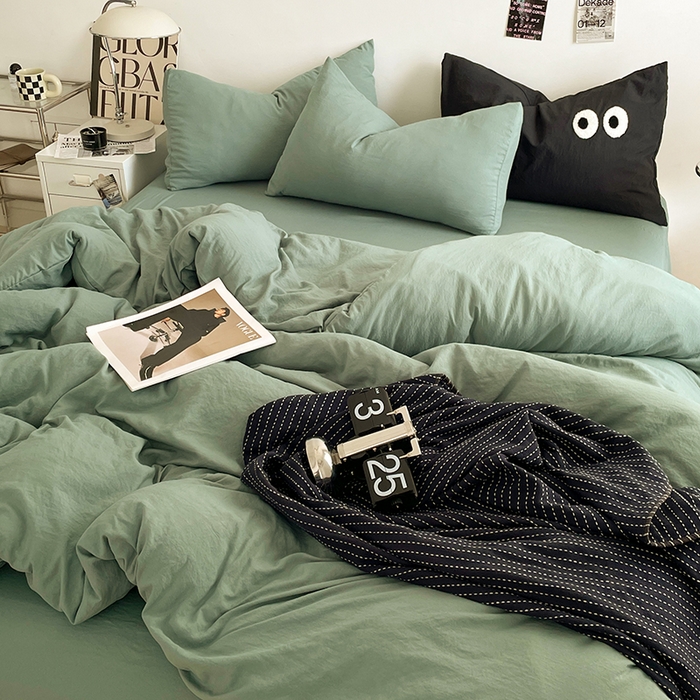 91家纺网 家纺一手货源 找家纺 优尚佳生活馆 2025新款ins风超柔褶皱亲肤磨毛水洗棉四件套纯色系列（风格一） 清新绿