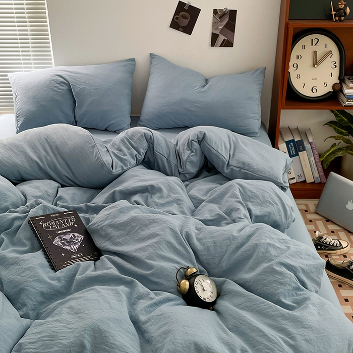 91家纺网 家纺一手货源 找家纺 优尚佳生活馆 2025新款ins风超柔褶皱亲肤磨毛水洗棉四件套纯色系列（风格二） 尼罗蓝