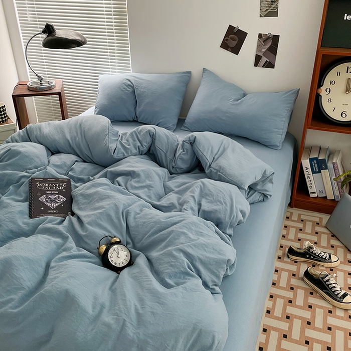 91家纺网 家纺一手货源 找家纺 优尚佳生活馆 2025新款ins风超柔褶皱亲肤磨毛水洗棉四件套纯色系列（风格二） 尼罗蓝