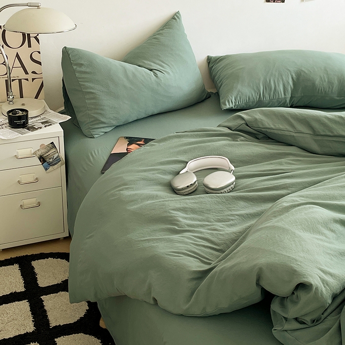 91家纺网 家纺一手货源 找家纺 优尚佳生活馆 2025新款ins风超柔褶皱亲肤磨毛水洗棉四件套纯色系列（风格一） 清新绿