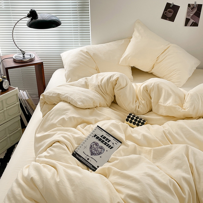 优尚佳生活馆 2025新款ins风超柔褶皱亲肤磨毛水洗棉四件套纯色系列（风格二） 柠檬黄