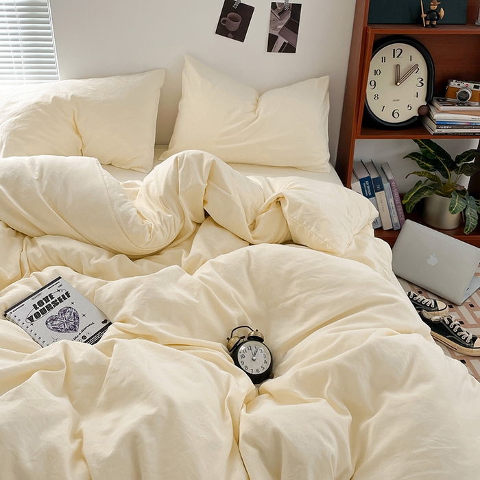 91家纺网 家纺一手货源 找家纺 优尚佳生活馆 2025新款ins风超柔褶皱亲肤磨毛水洗棉四件套纯色系列（风格二） 柠檬黄