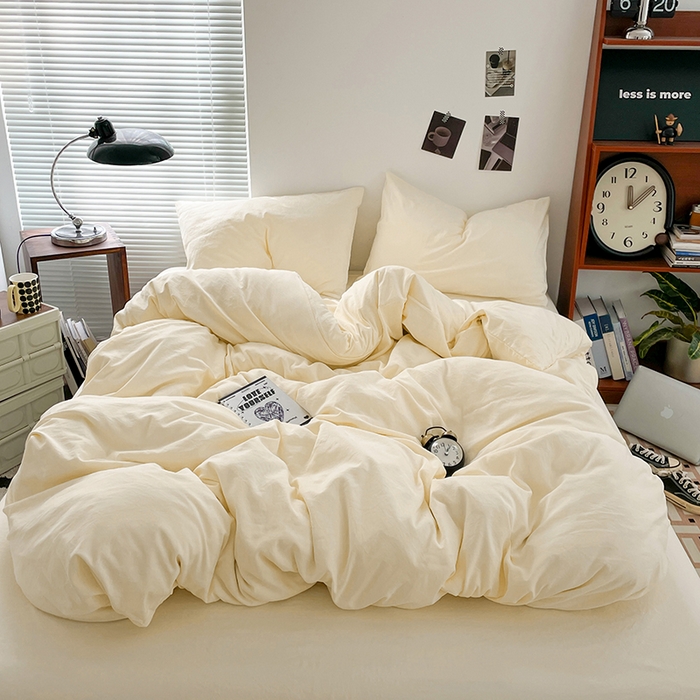 91家纺网 家纺一手货源 找家纺 优尚佳生活馆 2025新款ins风超柔褶皱亲肤磨毛水洗棉四件套纯色系列（风格二） 柠檬黄