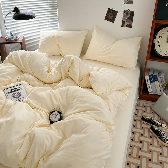 91家纺网 家纺一手货源 找家纺 优尚佳生活馆 2025新款ins风超柔褶皱亲肤磨毛水洗棉四件套纯色系列（风格二） 柠檬黄