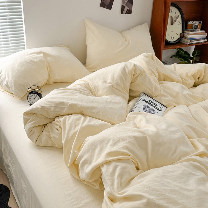 91家纺网 家纺一手货源 找家纺 优尚佳生活馆 2025新款ins风超柔褶皱亲肤磨毛水洗棉四件套纯色系列（风格二） 柠檬黄