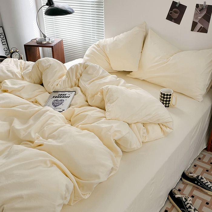 91家纺网 家纺一手货源 找家纺 优尚佳生活馆 2025新款ins风超柔褶皱亲肤磨毛水洗棉四件套纯色系列（风格二） 柠檬黄