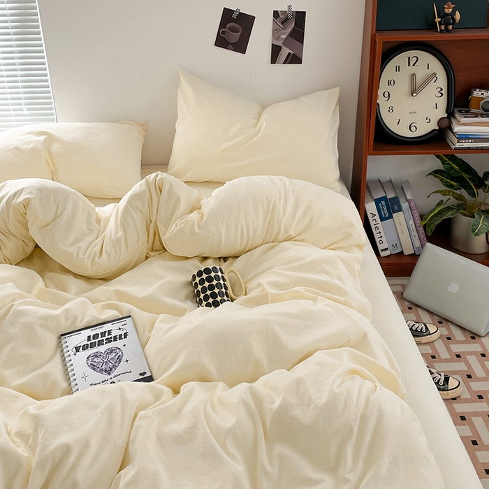 91家纺网 家纺一手货源 找家纺 优尚佳生活馆 2025新款ins风超柔褶皱亲肤磨毛水洗棉四件套纯色系列（风格二） 柠檬黄