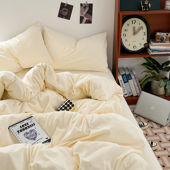 91家纺网 家纺一手货源 找家纺 优尚佳生活馆 2025新款ins风超柔褶皱亲肤磨毛水洗棉四件套纯色系列（风格二） 柠檬黄