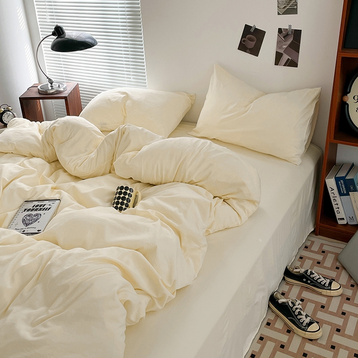 91家纺网 家纺一手货源 找家纺 优尚佳生活馆 2025新款ins风超柔褶皱亲肤磨毛水洗棉四件套纯色系列（风格二） 柠檬黄