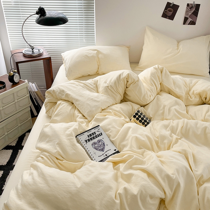 91家纺网 家纺一手货源 找家纺 优尚佳生活馆 2025新款ins风超柔褶皱亲肤磨毛水洗棉四件套纯色系列（风格二） 柠檬黄