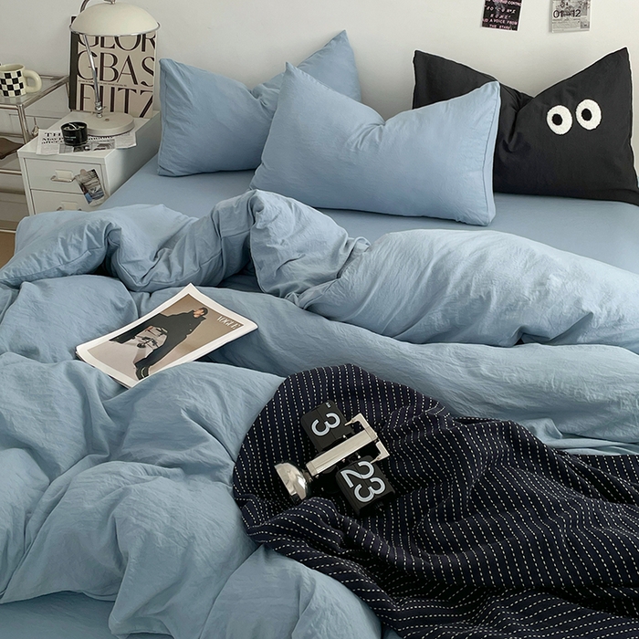 91家纺网 家纺一手货源 找家纺 优尚佳生活馆 2025新款ins风超柔褶皱亲肤磨毛水洗棉四件套纯色系列（风格一） 尼罗蓝