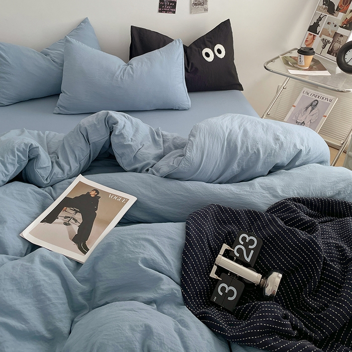 91家纺网 家纺一手货源 找家纺 优尚佳生活馆 2025新款ins风超柔褶皱亲肤磨毛水洗棉四件套纯色系列（风格一） 尼罗蓝