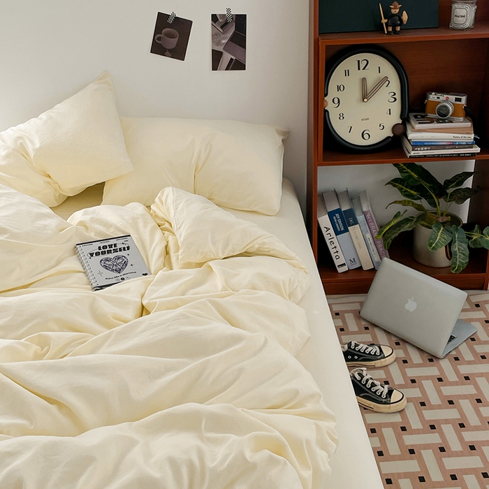 91家纺网 家纺一手货源 找家纺 优尚佳生活馆 2025新款ins风超柔褶皱亲肤磨毛水洗棉四件套纯色系列（风格二） 柠檬黄