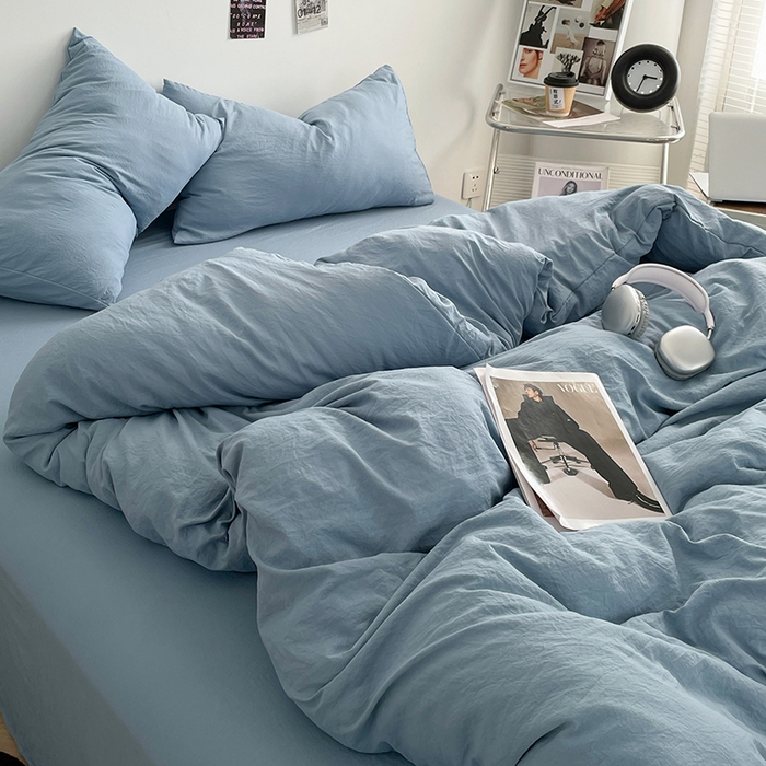 91家纺网 家纺一手货源 找家纺 优尚佳生活馆 2025新款ins风超柔褶皱亲肤磨毛水洗棉四件套纯色系列（风格一） 尼罗蓝