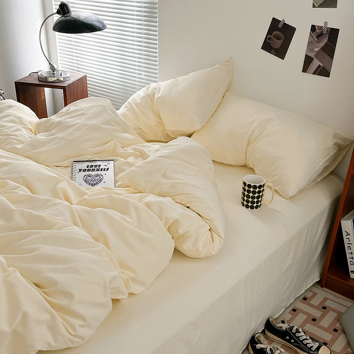 91家纺网 家纺一手货源 找家纺 优尚佳生活馆 2025新款ins风超柔褶皱亲肤磨毛水洗棉四件套纯色系列（风格二） 柠檬黄