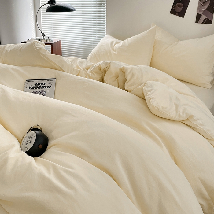 91家纺网 家纺一手货源 找家纺 优尚佳生活馆 2025新款ins风超柔褶皱亲肤磨毛水洗棉四件套纯色系列（风格二） 柠檬黄