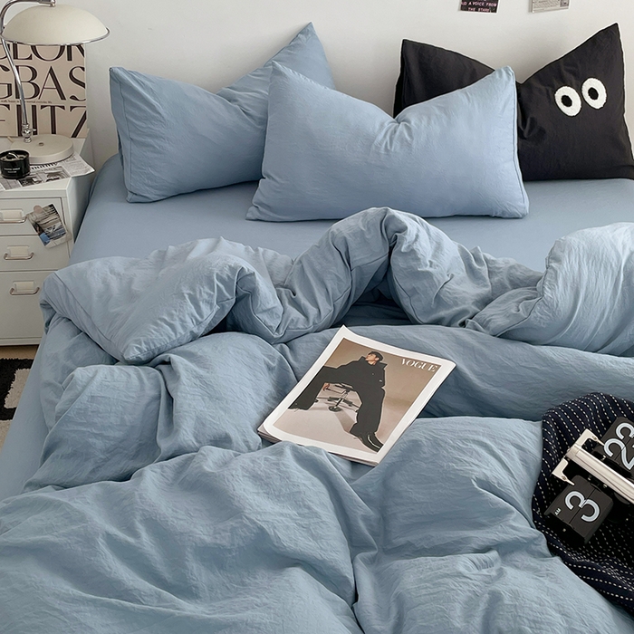 91家纺网 家纺一手货源 找家纺 优尚佳生活馆 2025新款ins风超柔褶皱亲肤磨毛水洗棉四件套纯色系列（风格一） 尼罗蓝