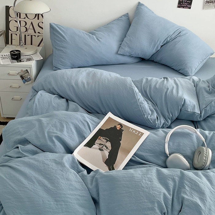 91家纺网 家纺一手货源 找家纺 优尚佳生活馆 2025新款ins风超柔褶皱亲肤磨毛水洗棉四件套纯色系列（风格一） 尼罗蓝