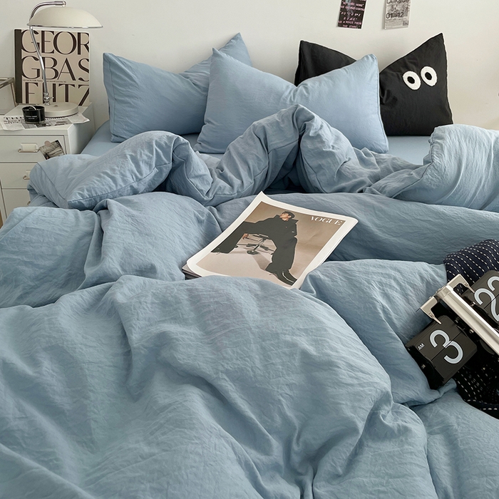 91家纺网 家纺一手货源 找家纺 优尚佳生活馆 2025新款ins风超柔褶皱亲肤磨毛水洗棉四件套纯色系列（风格一） 尼罗蓝