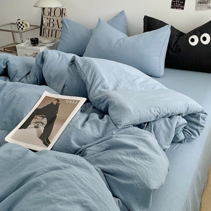 91家纺网 家纺一手货源 找家纺 优尚佳生活馆 2025新款ins风超柔褶皱亲肤磨毛水洗棉四件套纯色系列（风格一） 尼罗蓝