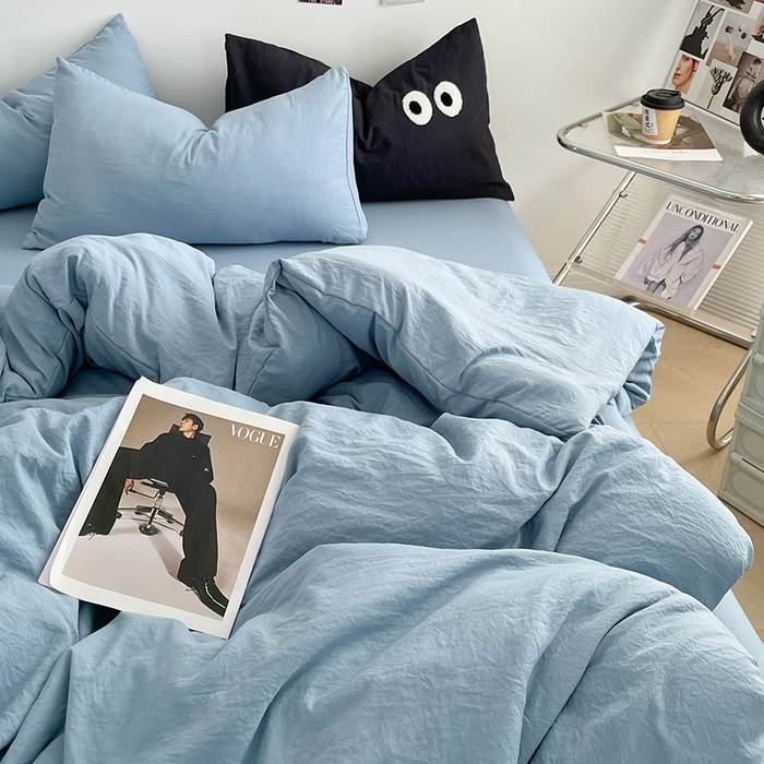 91家纺网 家纺一手货源 找家纺 优尚佳生活馆 2025新款ins风超柔褶皱亲肤磨毛水洗棉四件套纯色系列（风格一） 尼罗蓝