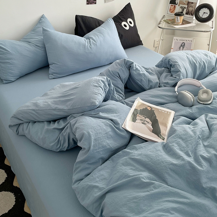 91家纺网 家纺一手货源 找家纺 优尚佳生活馆 2025新款ins风超柔褶皱亲肤磨毛水洗棉四件套纯色系列（风格一） 尼罗蓝