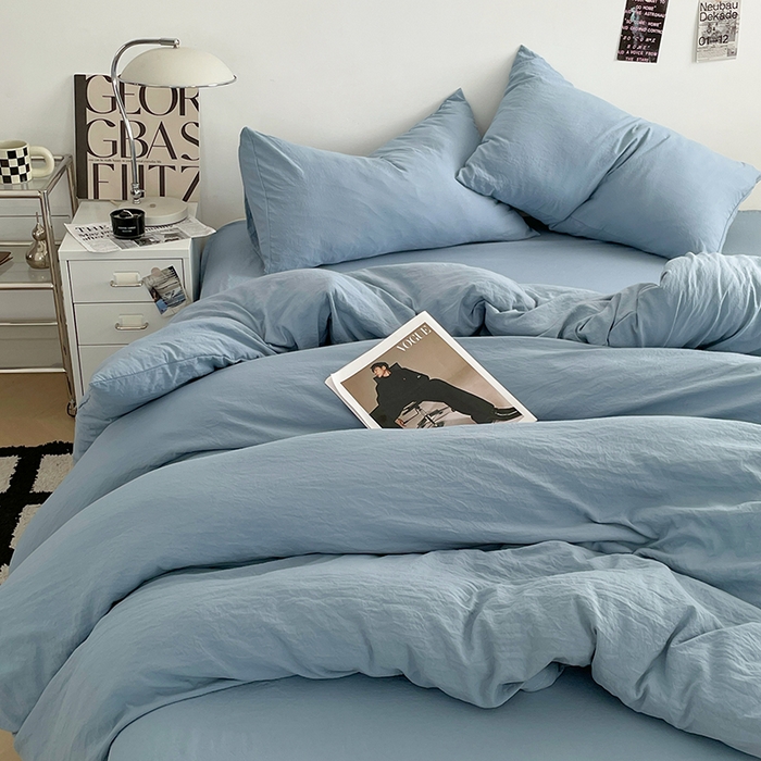 91家纺网 家纺一手货源 找家纺 优尚佳生活馆 2025新款ins风超柔褶皱亲肤磨毛水洗棉四件套纯色系列（风格一） 尼罗蓝