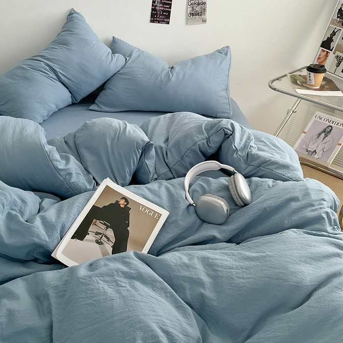 91家纺网 家纺一手货源 找家纺 优尚佳生活馆 2025新款ins风超柔褶皱亲肤磨毛水洗棉四件套纯色系列（风格一） 尼罗蓝