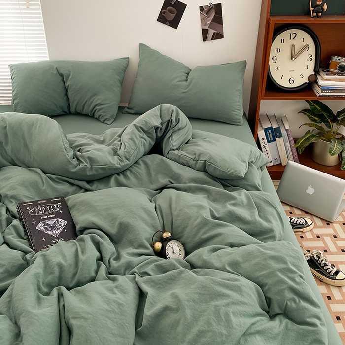 91家纺网 家纺一手货源 找家纺 优尚佳生活馆 2025新款ins风超柔褶皱亲肤磨毛水洗棉四件套纯色系列（风格二） 清新绿