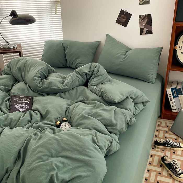91家纺网 家纺一手货源 找家纺 优尚佳生活馆 2025新款ins风超柔褶皱亲肤磨毛水洗棉四件套纯色系列（风格二） 清新绿