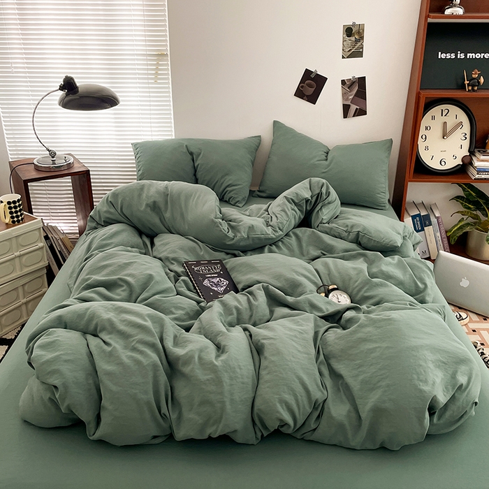 91家纺网 家纺一手货源 找家纺 优尚佳生活馆 2025新款ins风超柔褶皱亲肤磨毛水洗棉四件套纯色系列（风格二） 清新绿