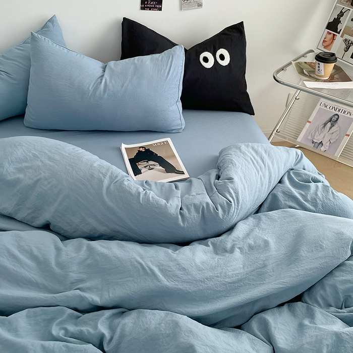 91家纺网 家纺一手货源 找家纺 优尚佳生活馆 2025新款ins风超柔褶皱亲肤磨毛水洗棉四件套纯色系列（风格一） 尼罗蓝