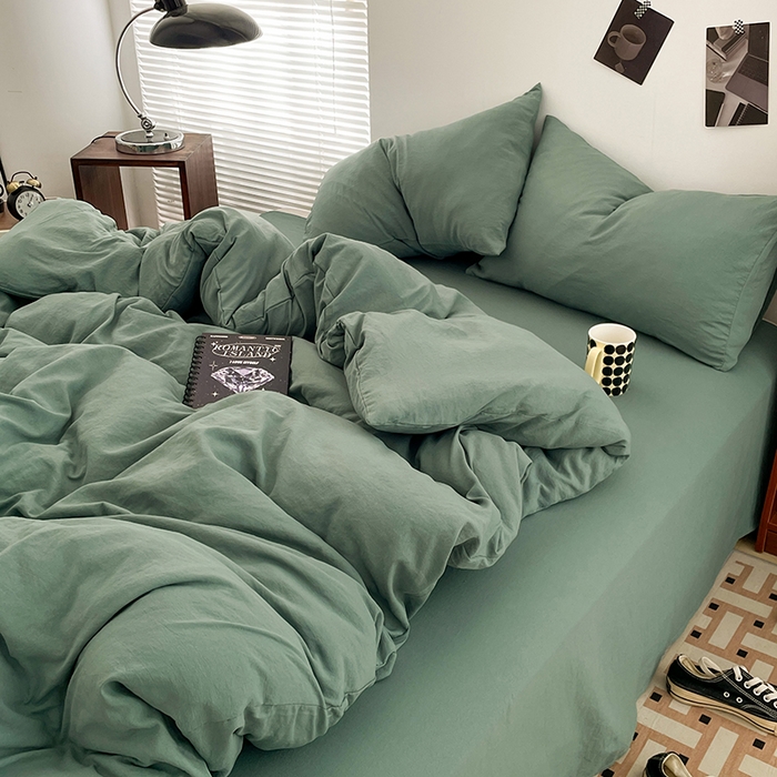 91家纺网 家纺一手货源 找家纺 优尚佳生活馆 2025新款ins风超柔褶皱亲肤磨毛水洗棉四件套纯色系列（风格二） 清新绿