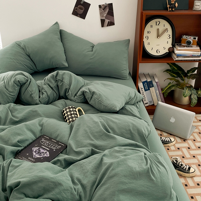 91家纺网 家纺一手货源 找家纺 优尚佳生活馆 2025新款ins风超柔褶皱亲肤磨毛水洗棉四件套纯色系列（风格二） 清新绿