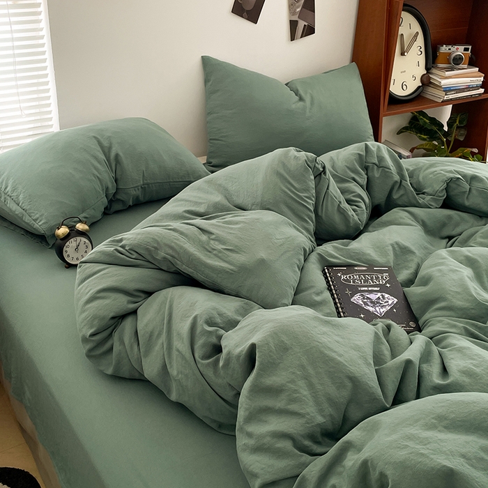 91家纺网 家纺一手货源 找家纺 优尚佳生活馆 2025新款ins风超柔褶皱亲肤磨毛水洗棉四件套纯色系列（风格二） 清新绿
