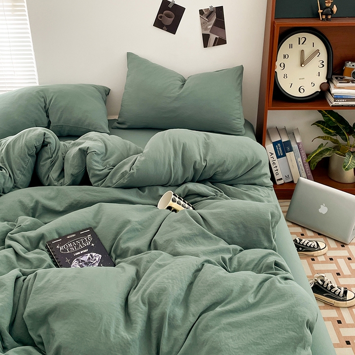 91家纺网 家纺一手货源 找家纺 优尚佳生活馆 2025新款ins风超柔褶皱亲肤磨毛水洗棉四件套纯色系列（风格二） 清新绿