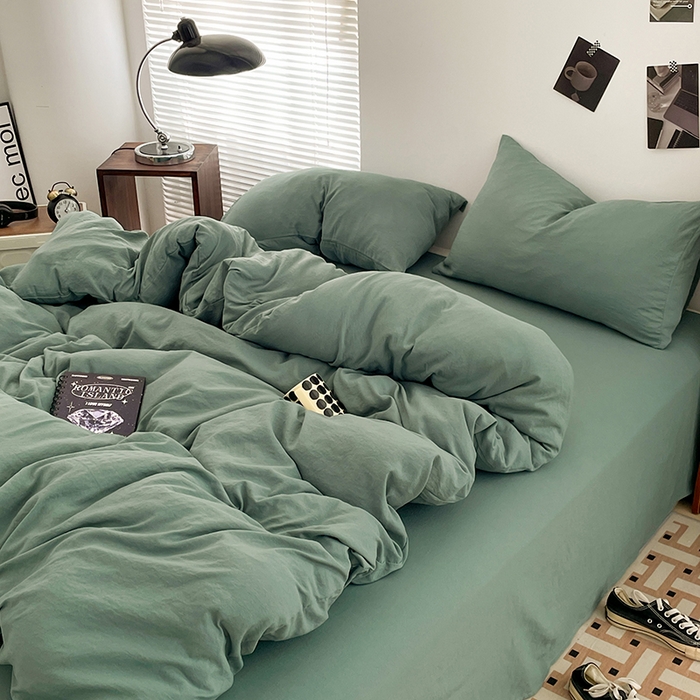 91家纺网 家纺一手货源 找家纺 优尚佳生活馆 2025新款ins风超柔褶皱亲肤磨毛水洗棉四件套纯色系列（风格二） 清新绿